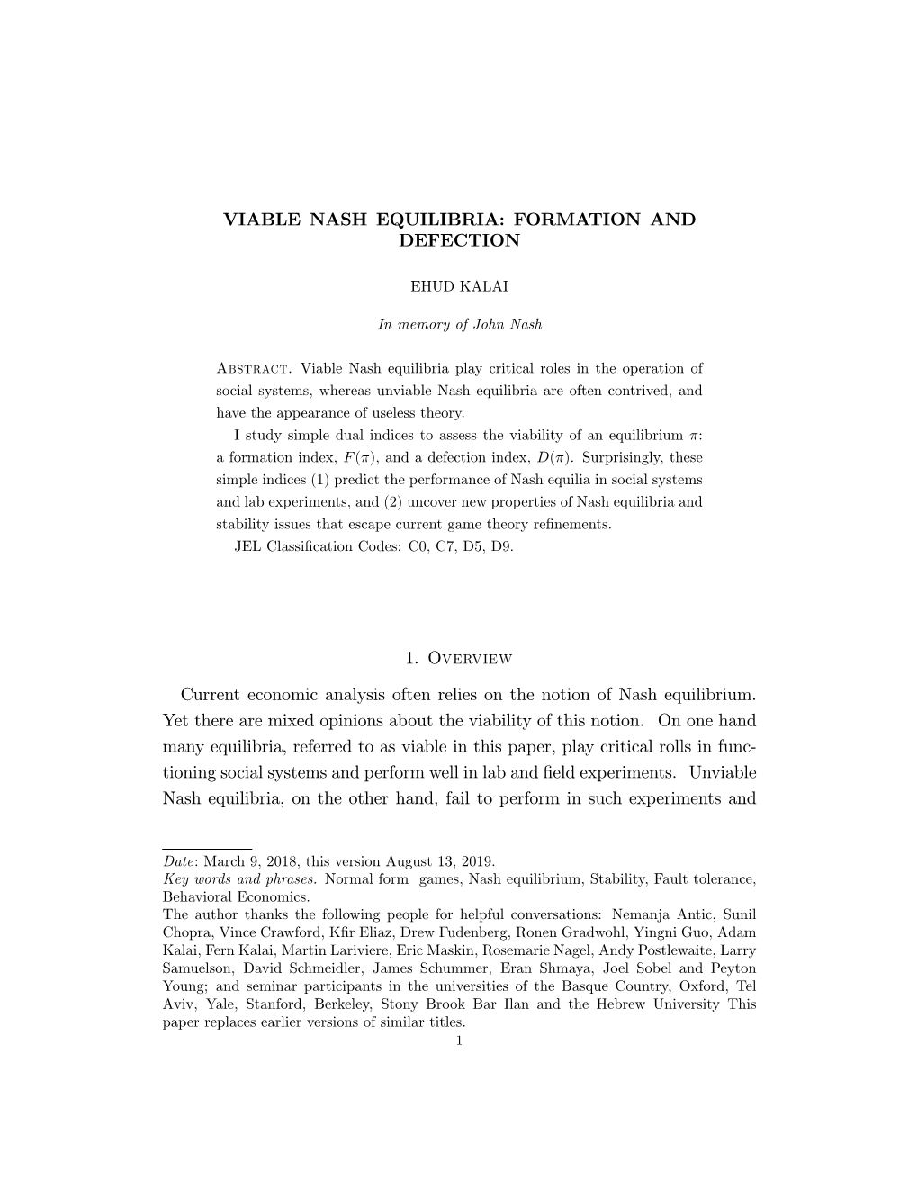 Viable Nash Equilibria: Formation and Defection 1