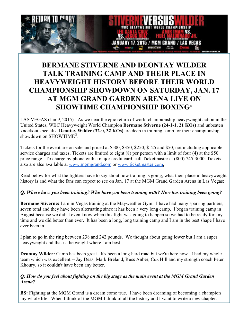 Bermane Stiverne and Deontay Wilder Talk Training Camp and Their Place in Heavyweight History Before Their World Championship Showdown on Saturday, Jan