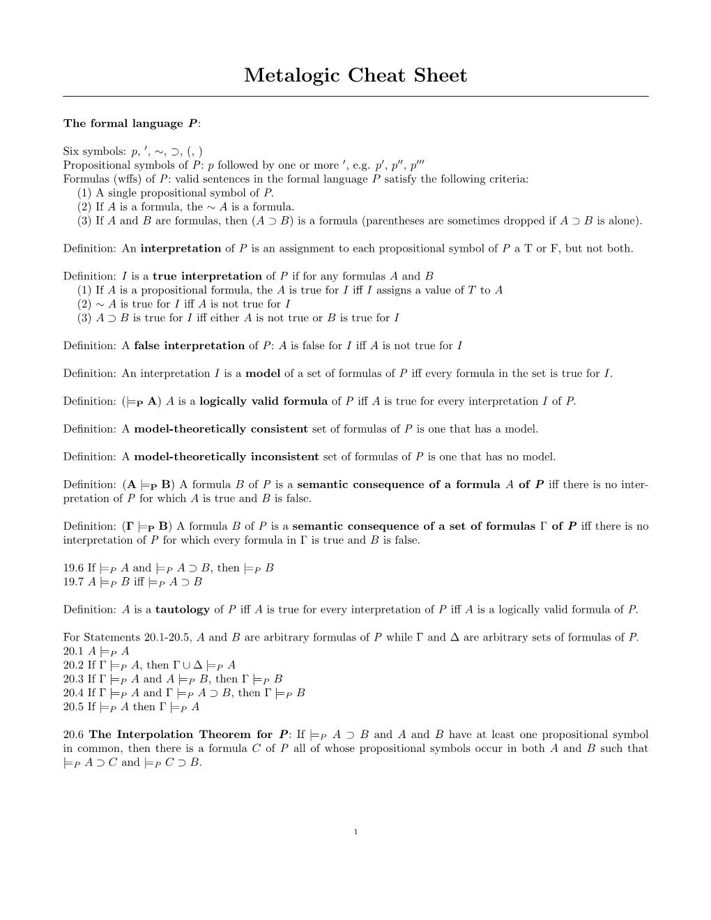 Metalogic Cheat Sheet