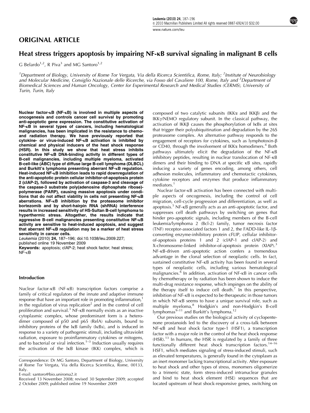 Heat Stress Triggers Apoptosis by Impairing NF-&Kappa