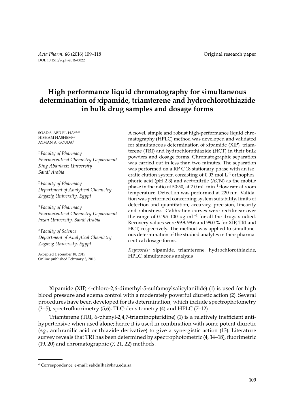 High Performance Liquid Chromatography for Simultaneous Determination of Xipamide, Triamterene and Hydrochlorothiazide in Bulk Drug Samples and Dosage Forms