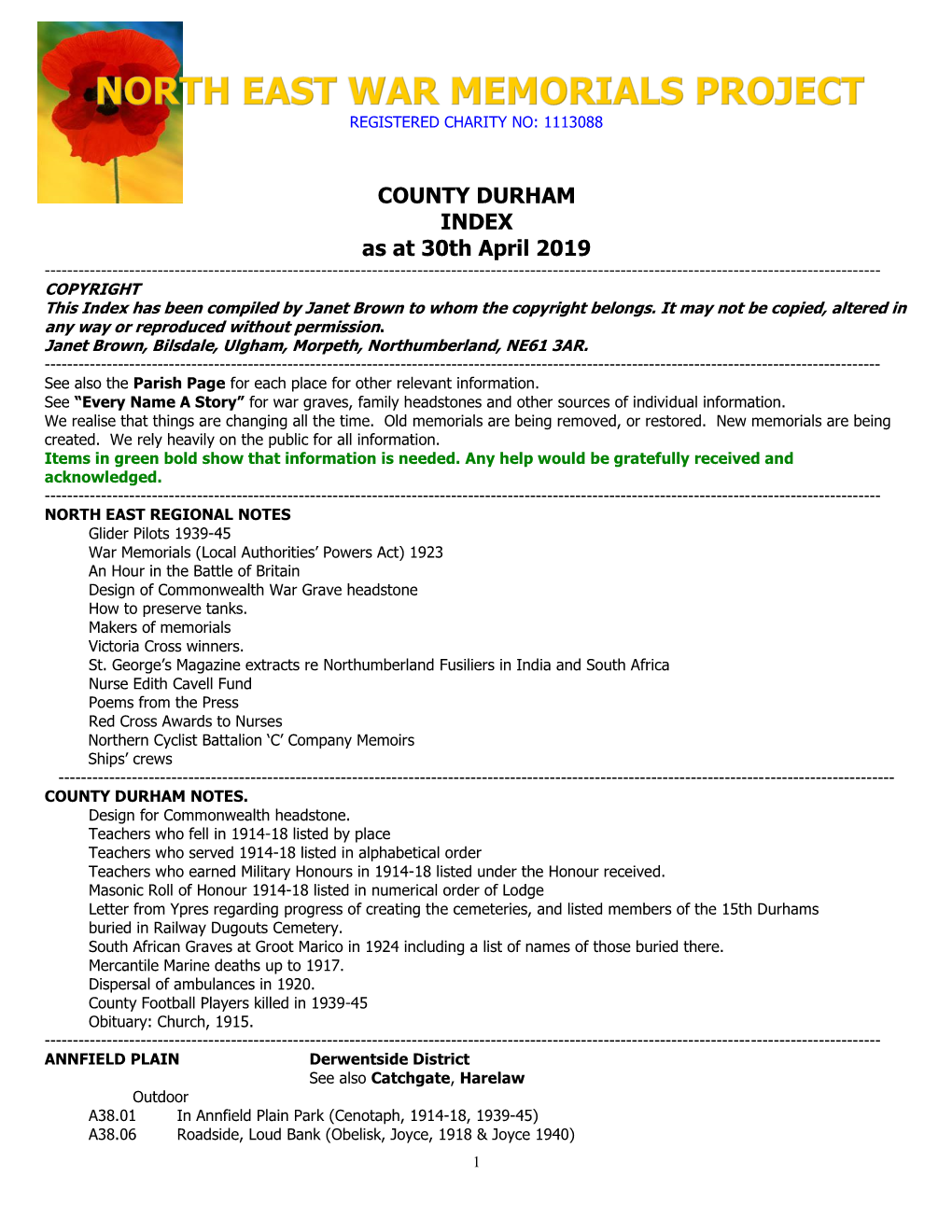 COUNTY DURHAM INDEX As at 30Th April 2019 ------COPYRIGHT This Index Has Been Compiled by Janet Brown to Whom the Copyright Belongs