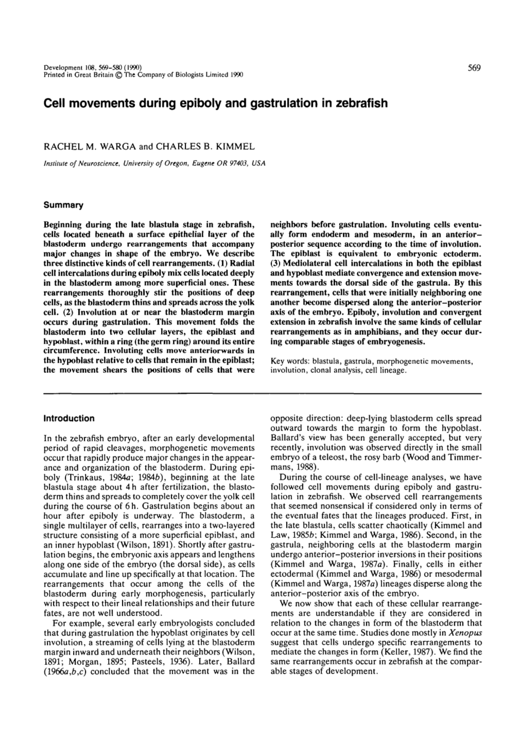 Cell Movements During Epiboly and Gastrulation in Zebrafish