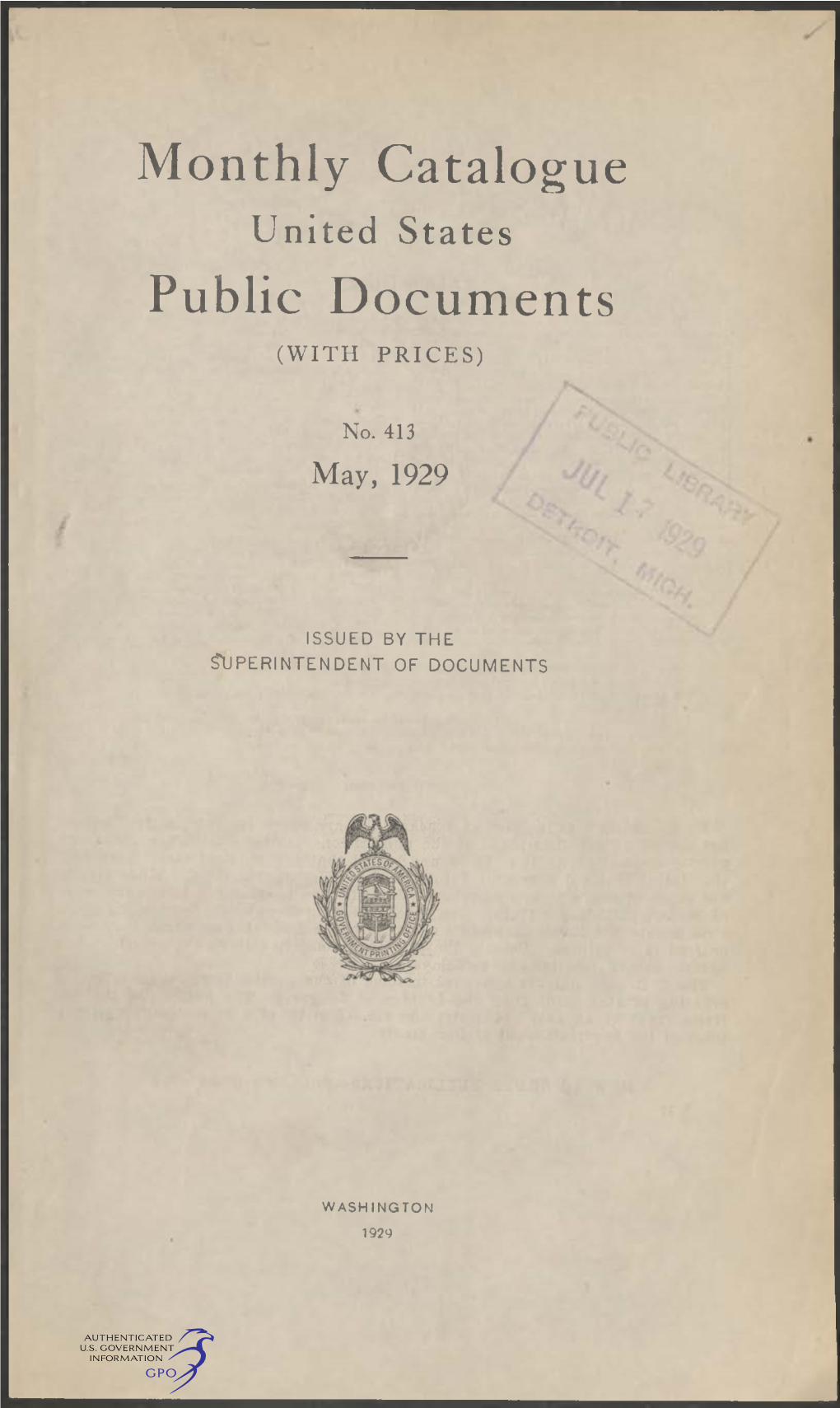 Monthly Catalogue, United States Public Documents May 1929