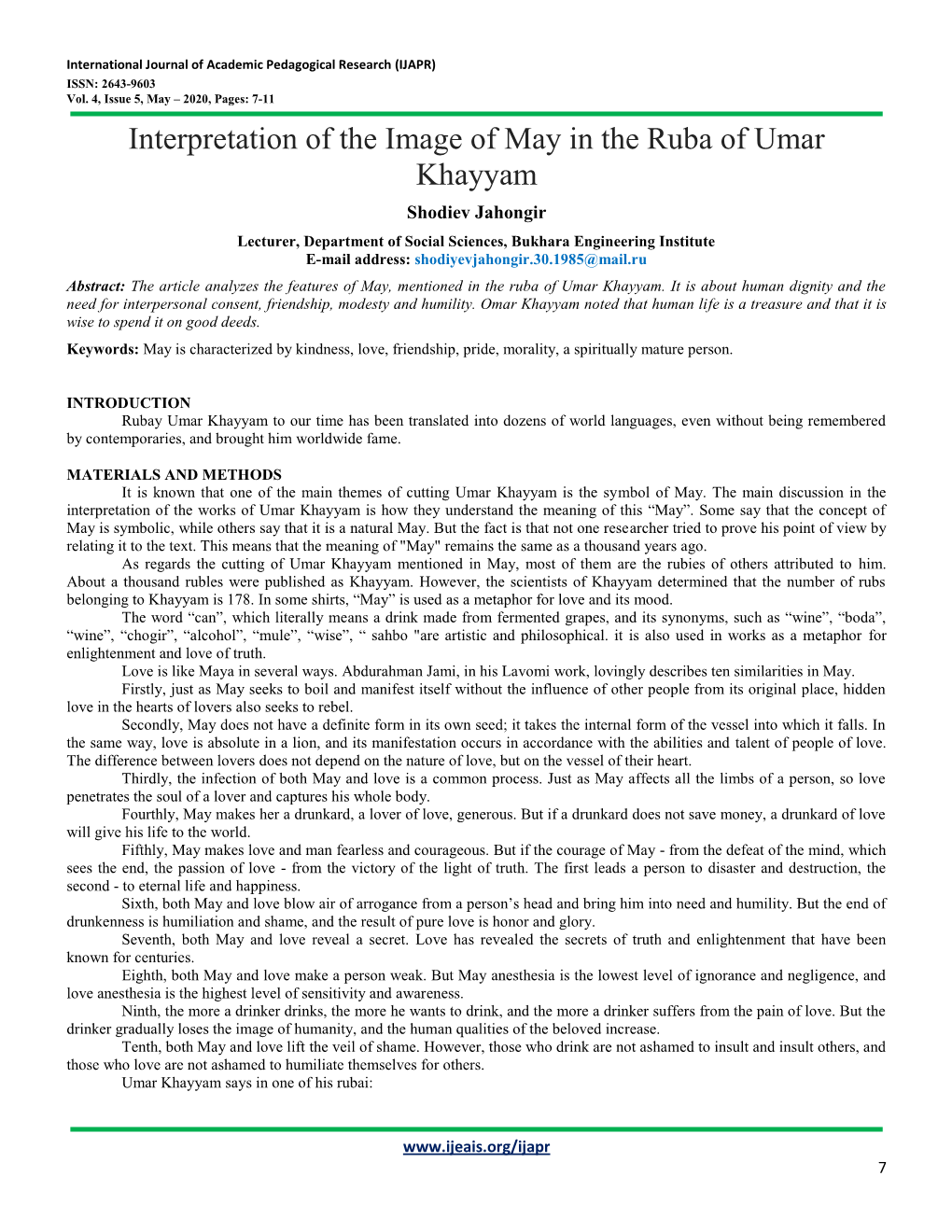 Interpretation of the Image of May in the Ruba of Umar Khayyam