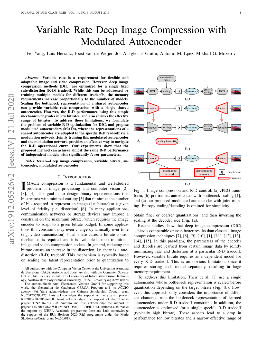 Variable Rate Deep Image Compression with Modulated Autoencoder Fei Yang, Luis Herranz, Joost Van De Weijer, Jos A