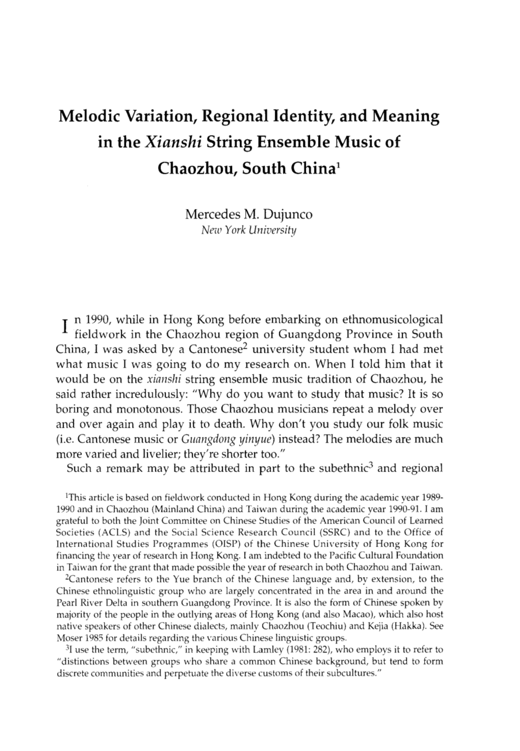 Melodic Variation, Regional Identity, and Meaning in the Xianshi String Ensemble Music of Chaozhou, South Chinal