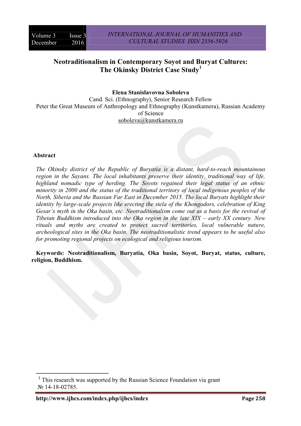 Neotraditionalism in Contemporary Soyot and Buryat Cultures: the Okinsky District Case Study1