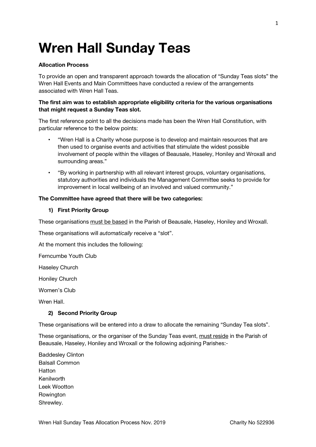 Wren Hall Sunday Teas Allocation Process Nov