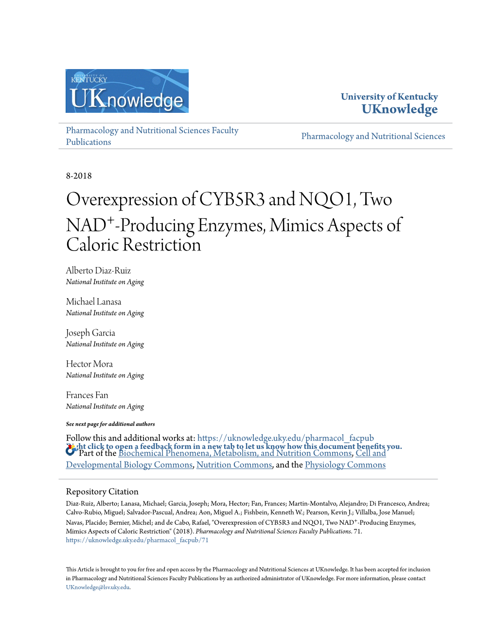 Overexpression of CYB5R3 and NQO1, Two NAD<Sup>+</Sup>-Producing Enzymes, Mimics Aspects of Caloric Restriction