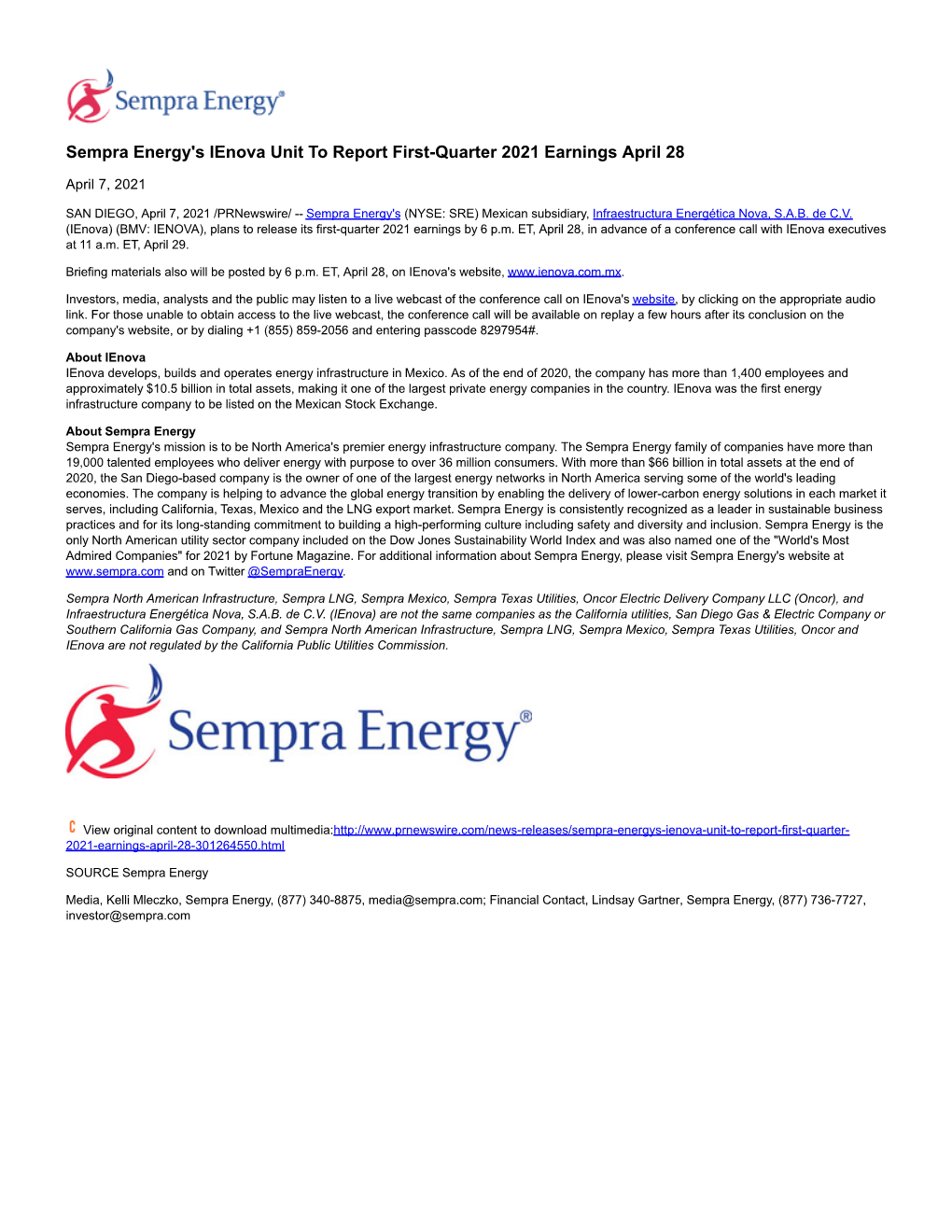 Sempra Energy's Ienova Unit to Report First-Quarter 2021 Earnings April 28