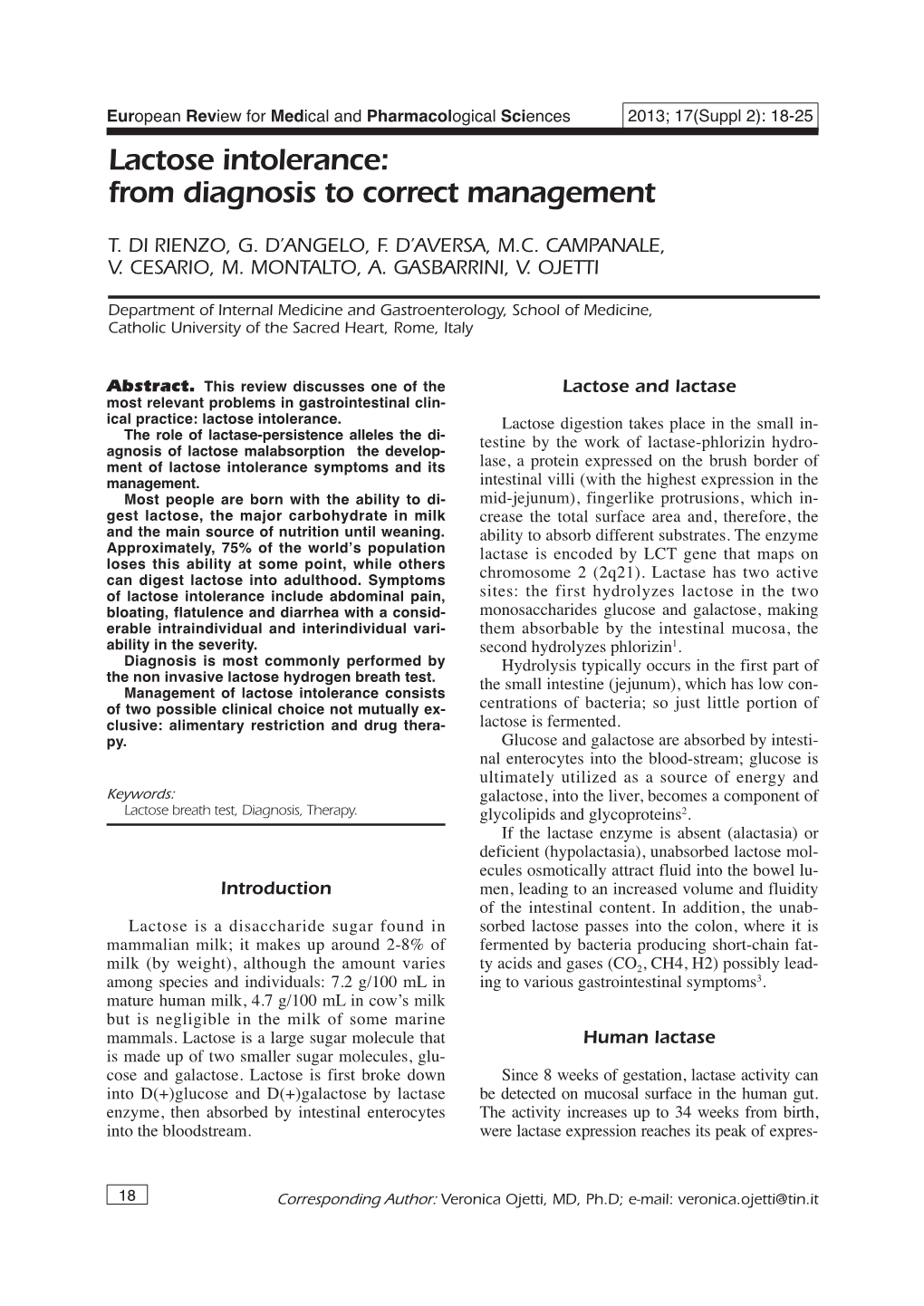 Lactose Intolerance: from Diagnosis to Correct Management