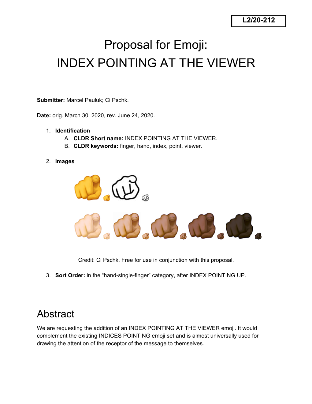 Proposal for Emoji: INDEX POINTING at the VIEWER