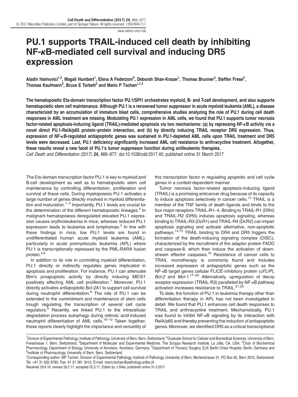 PU.1 Supports TRAIL-Induced Cell Death by Inhibiting NF-Κb-Mediated Cell Survival and Inducing DR5 Expression