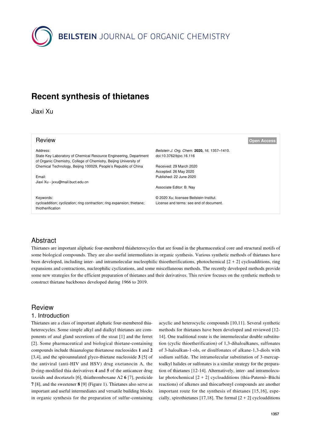 Recent Synthesis of Thietanes