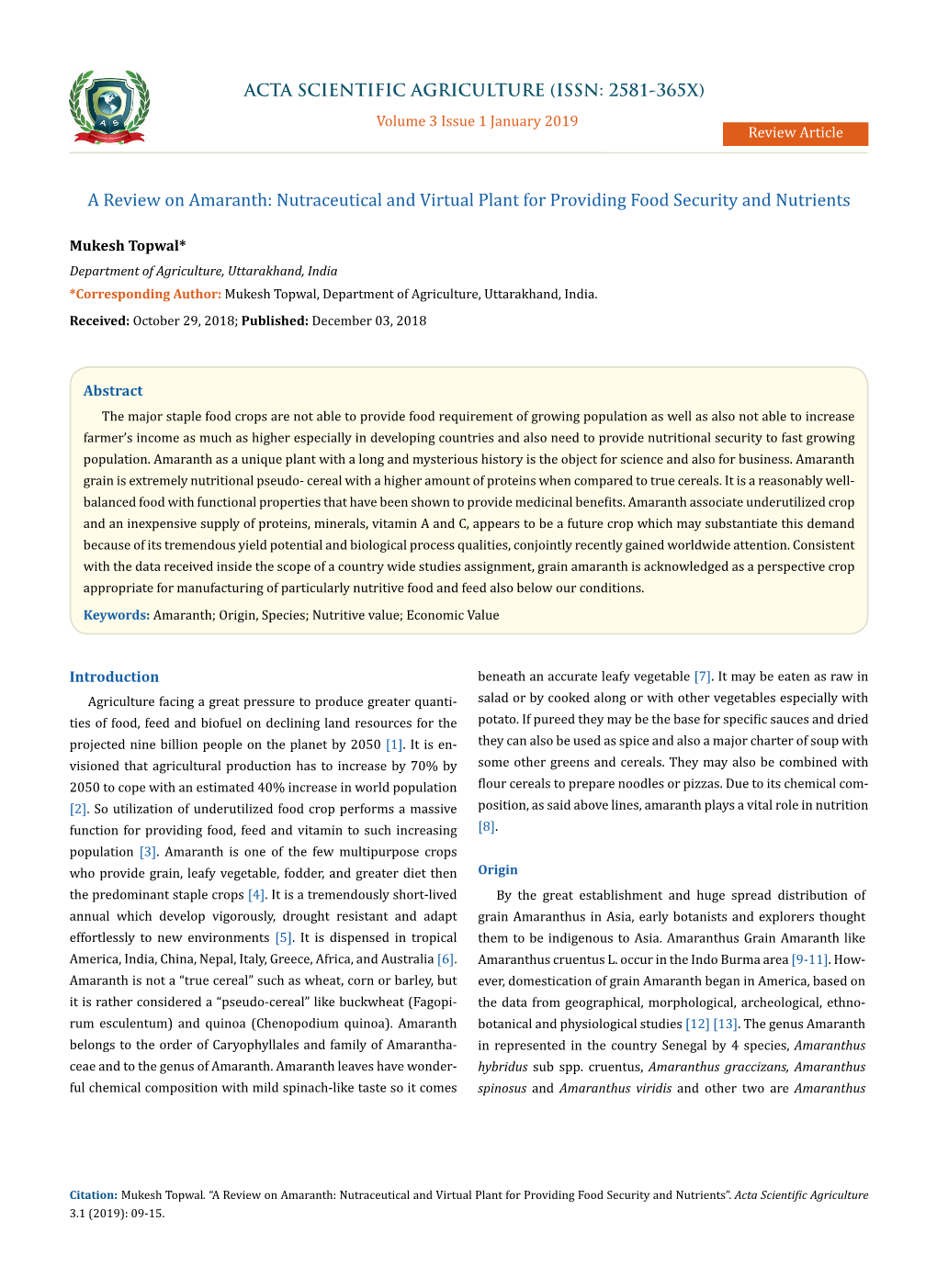 A Review on Amaranth: Nutraceutical and Virtual Plant for Providing Food Security and Nutrients