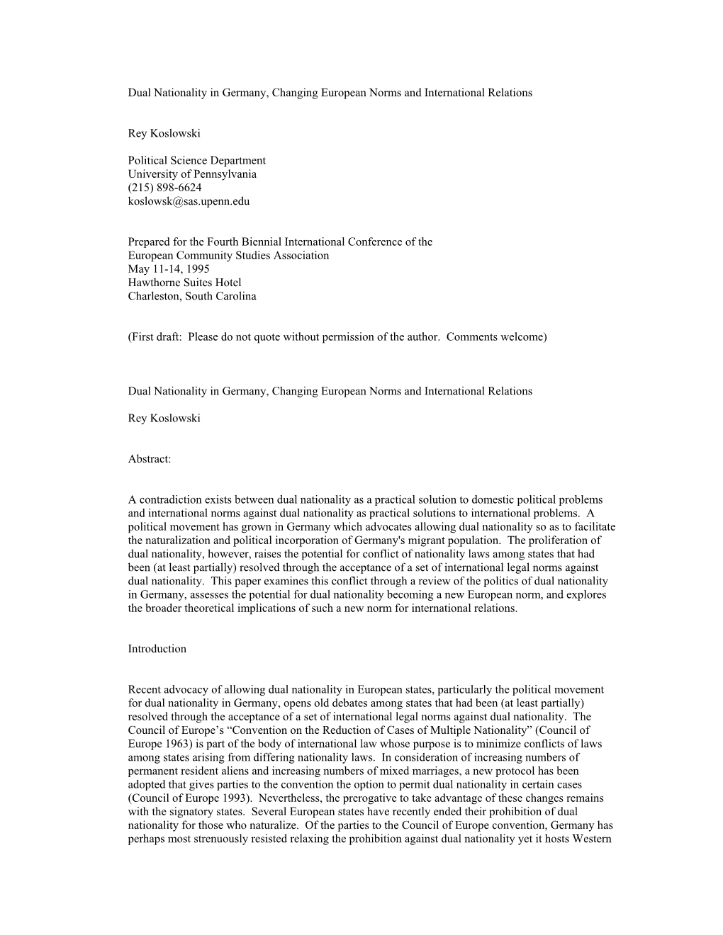 Dual Nationality in Germany, Changing European Norms and International Relations