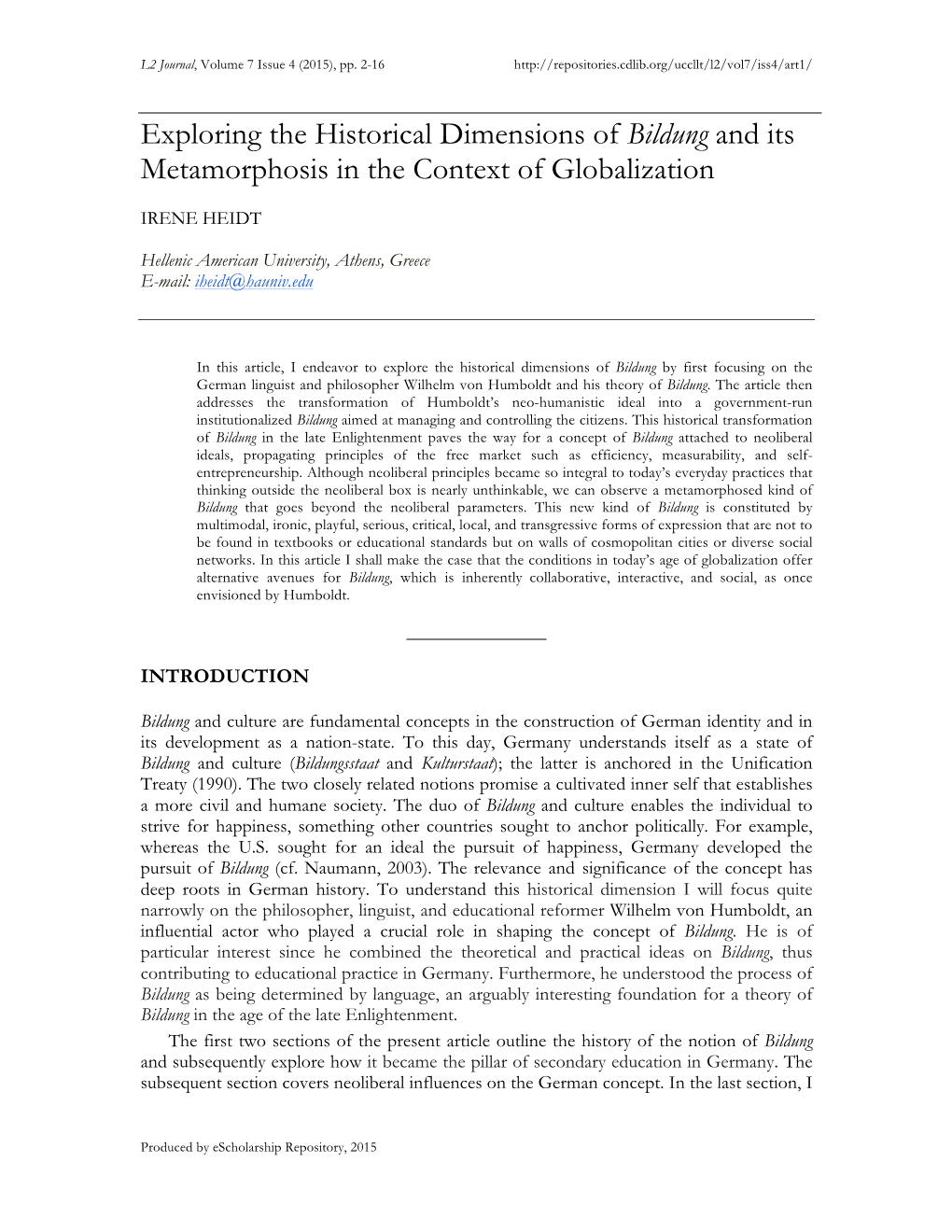 Bildung and Its Metamorphosis in the Context of Globalization