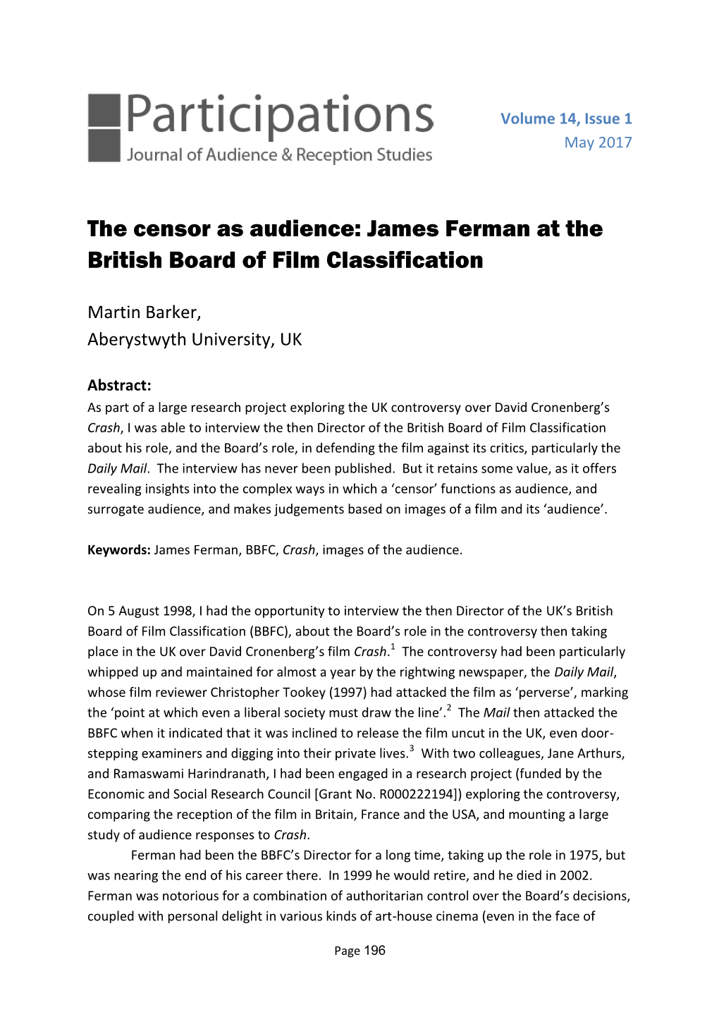 The Censor As Audience: James Ferman at the British Board of Film Classification