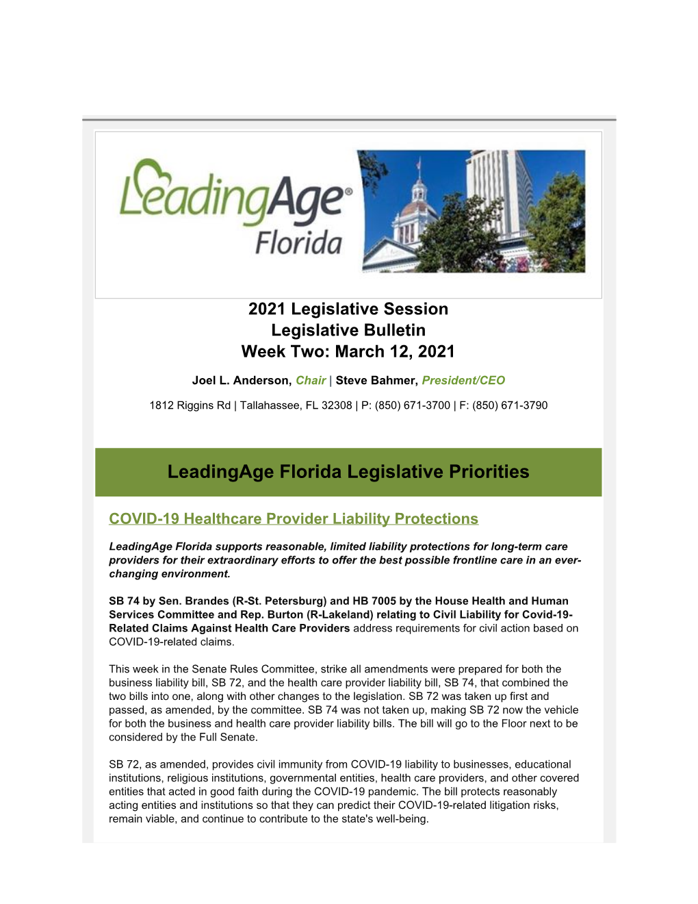 Leadingage Florida Legislative Priorities