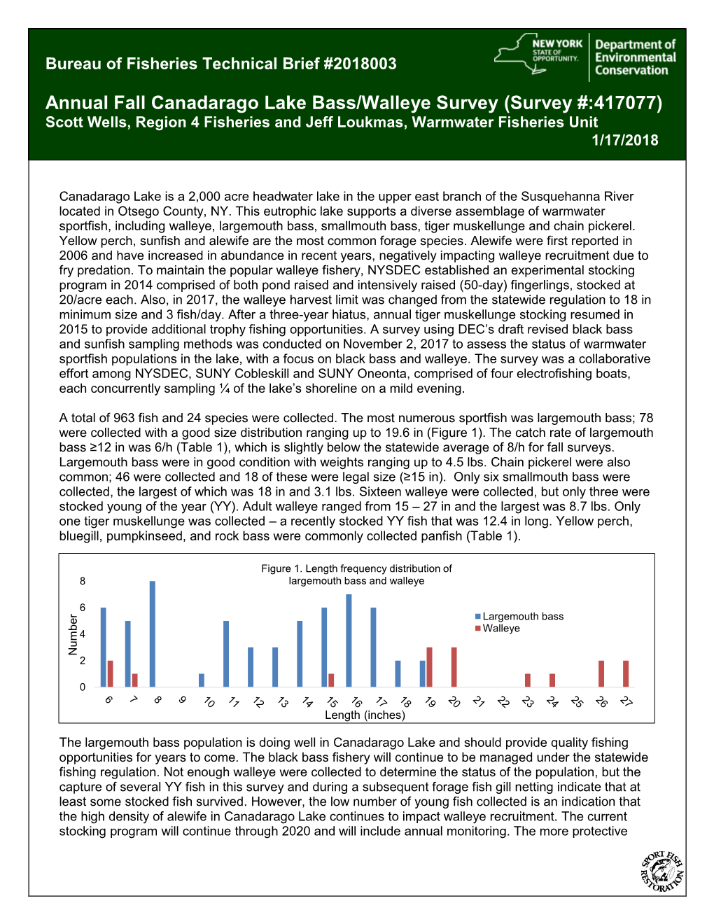 Annual Fall Canadarago Lake Bass/Walleye Survey (Survey #:417077) Scott Wells, Region 4 Fisheries and Jeff Loukmas, Warmwater Fisheries Unit 1/17/2018