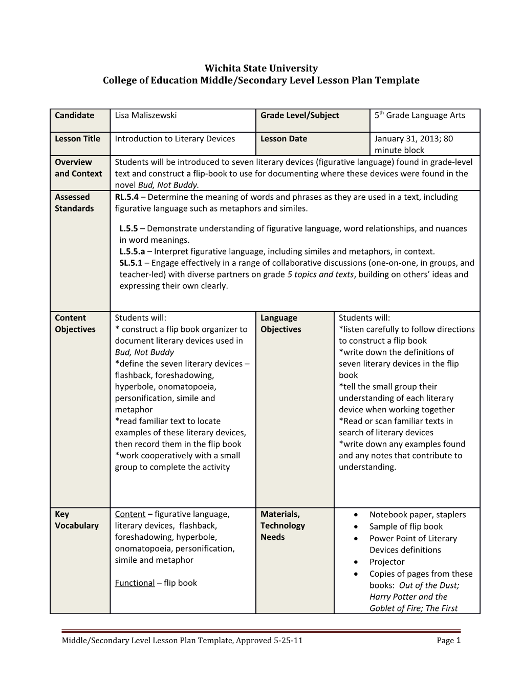 College of Education Middle/Secondary Level Lesson Plan Template