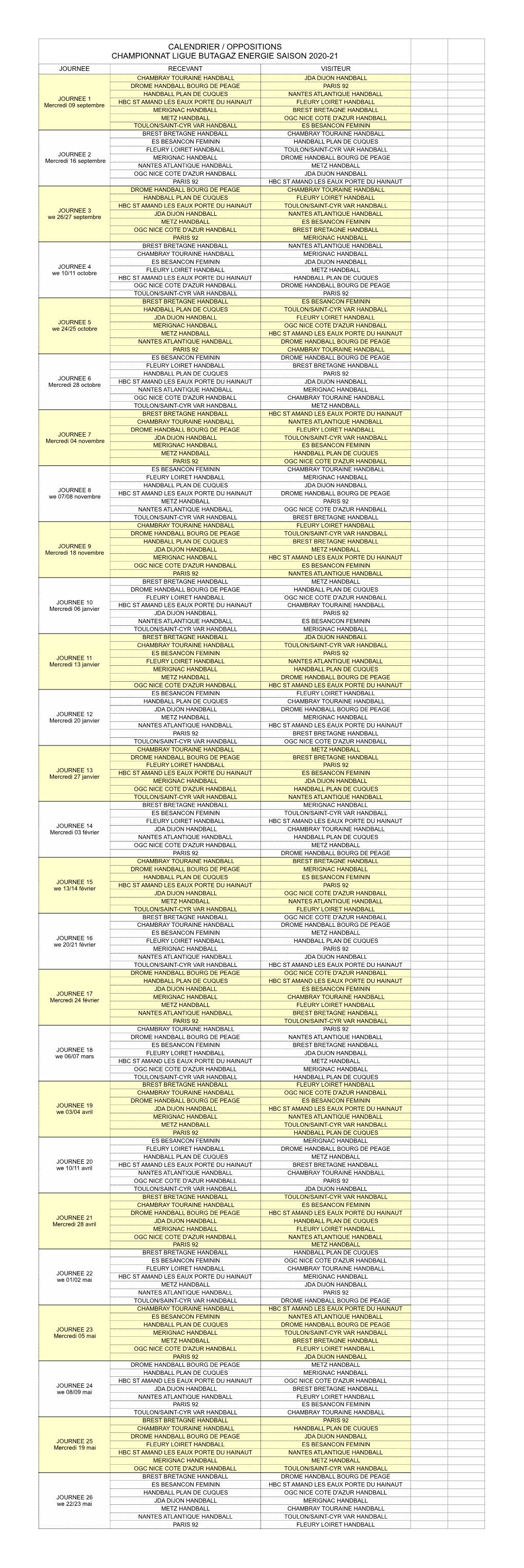 Calendrier LFH 2020-21