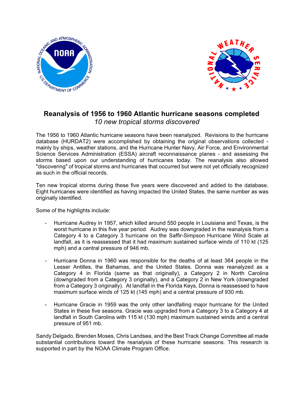 Reanalysis of 1956 to 1960 Atlantic Hurricane Seasons Completed 10 New Tropical Storms Discovered