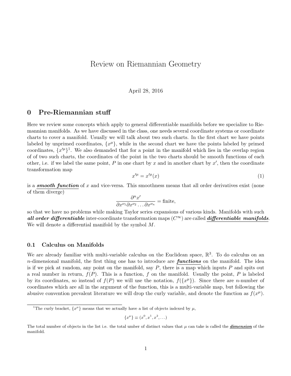 Review on Riemannian Geometry