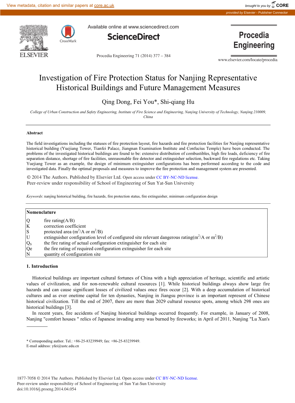 Investigation of Fire Protection Status for Nanjing Representative Historical Buildings and Future Management Measures