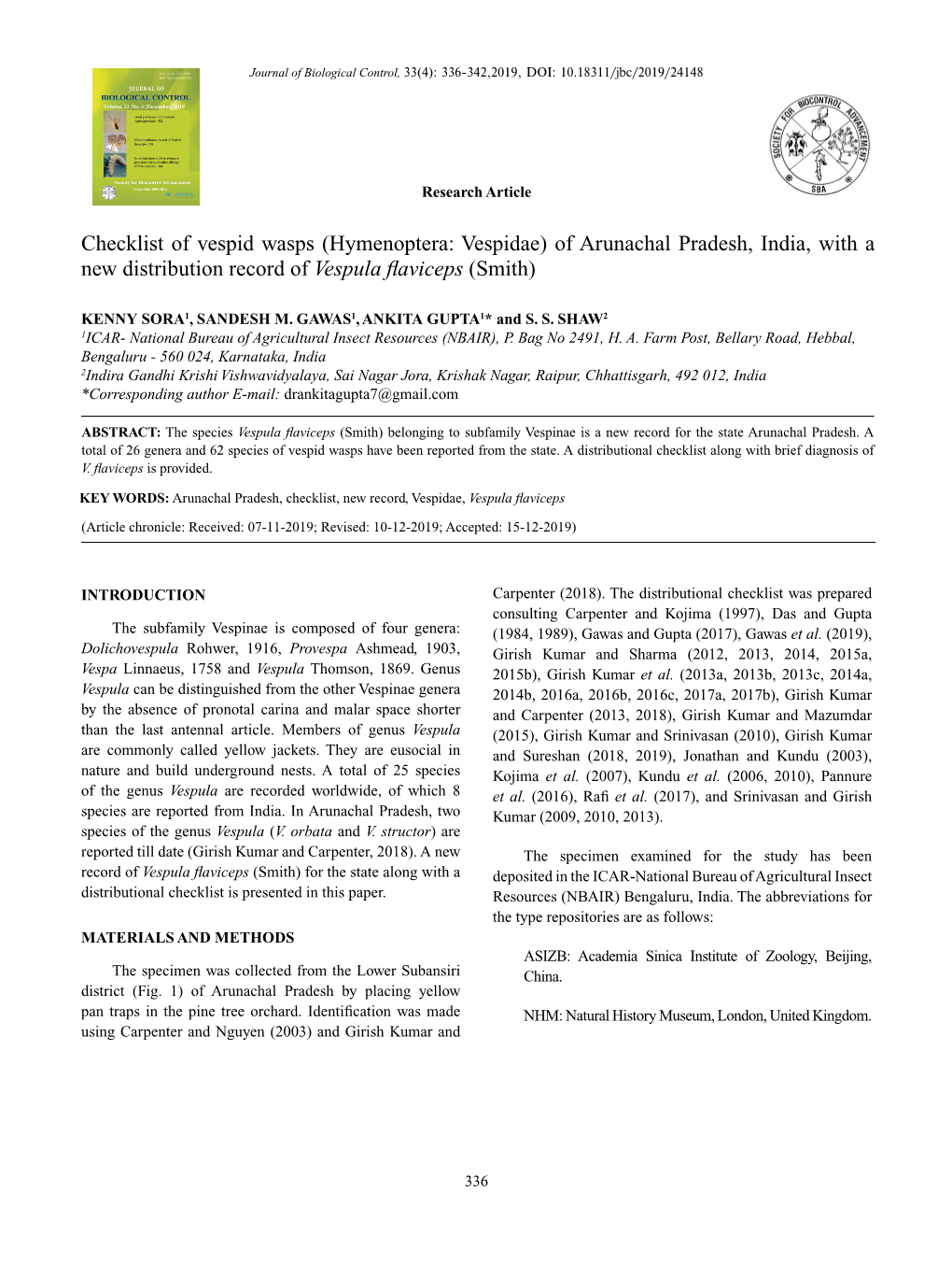 Checklist of Vespid Wasps (Hymenoptera: Vespidae) of Arunachal Pradesh, India, with a New Distribution Record of Vespula Flaviceps (Smith)