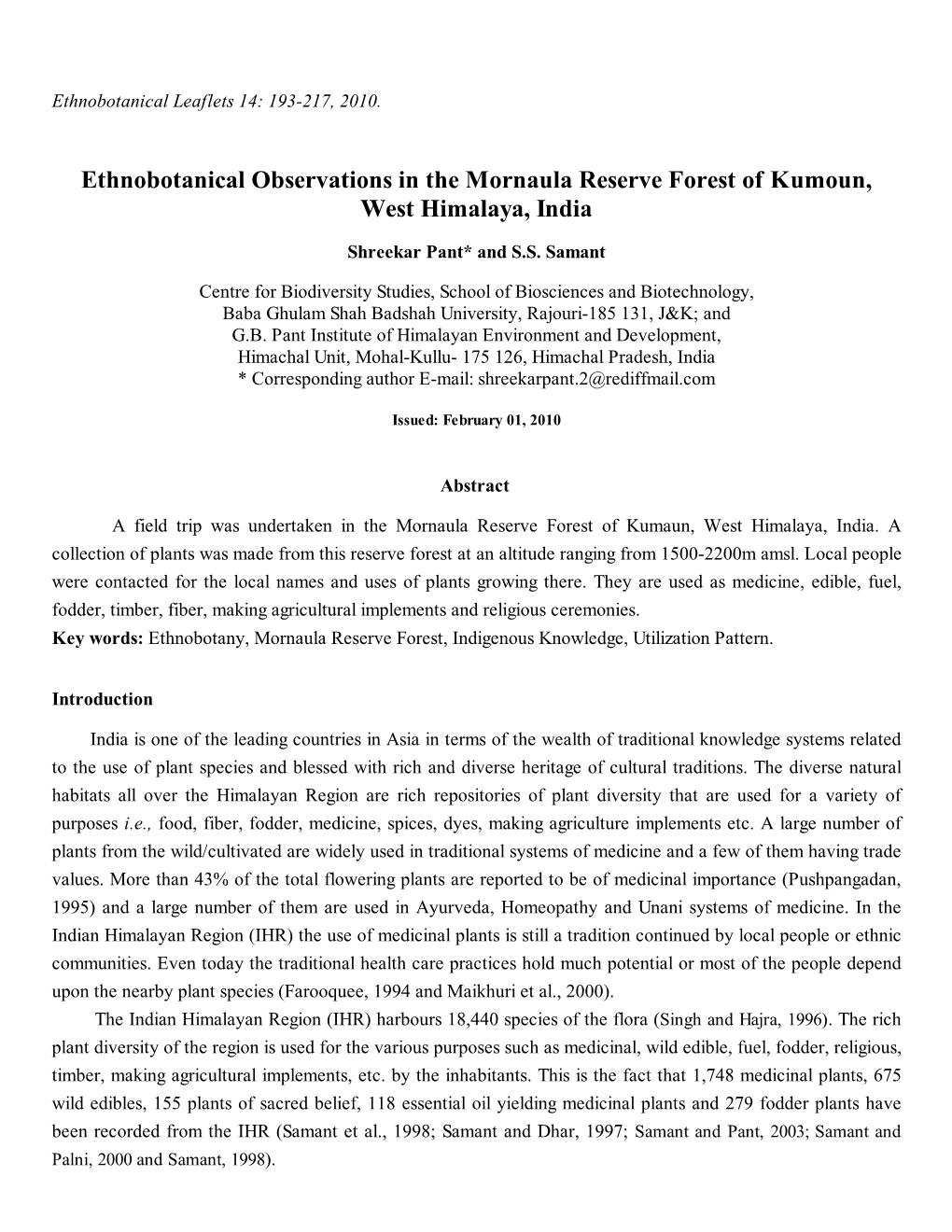 Ethnobotanical Observations in the Mornaula Reserve Forest Of