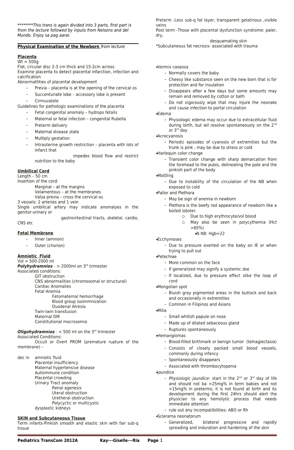 Physical Examination of the Newborn from Lecture