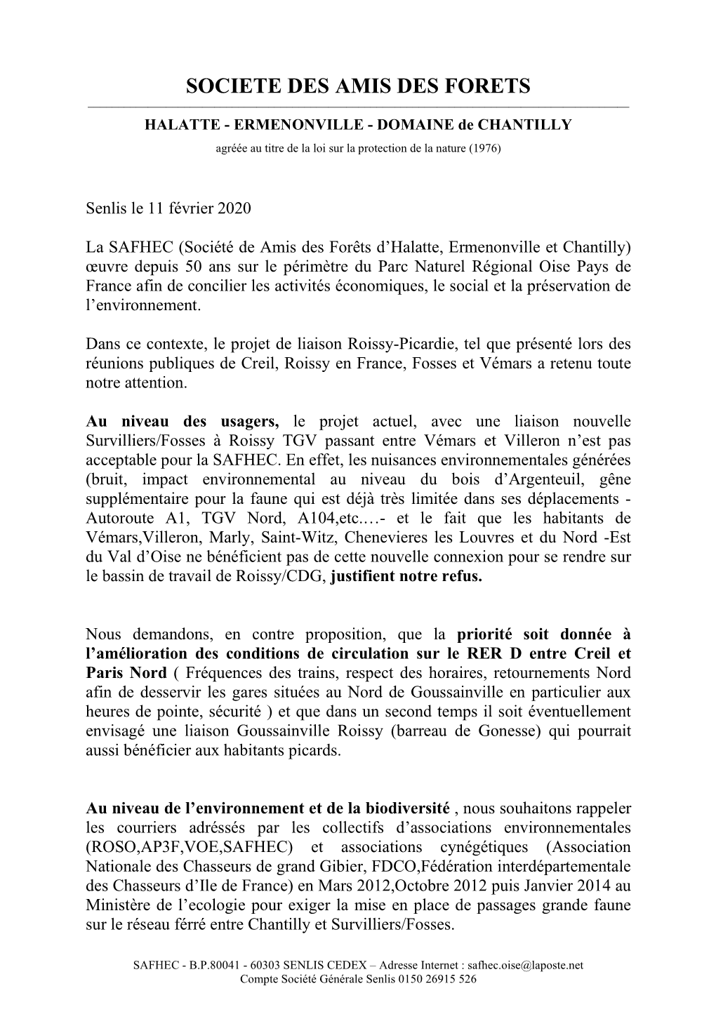 SOCIETE DES AMIS DES FORETS ______HALATTE - ERMENONVILLE - DOMAINE De CHANTILLY Agréée Au Titre De La Loi Sur La Protection De La Nature (1976)