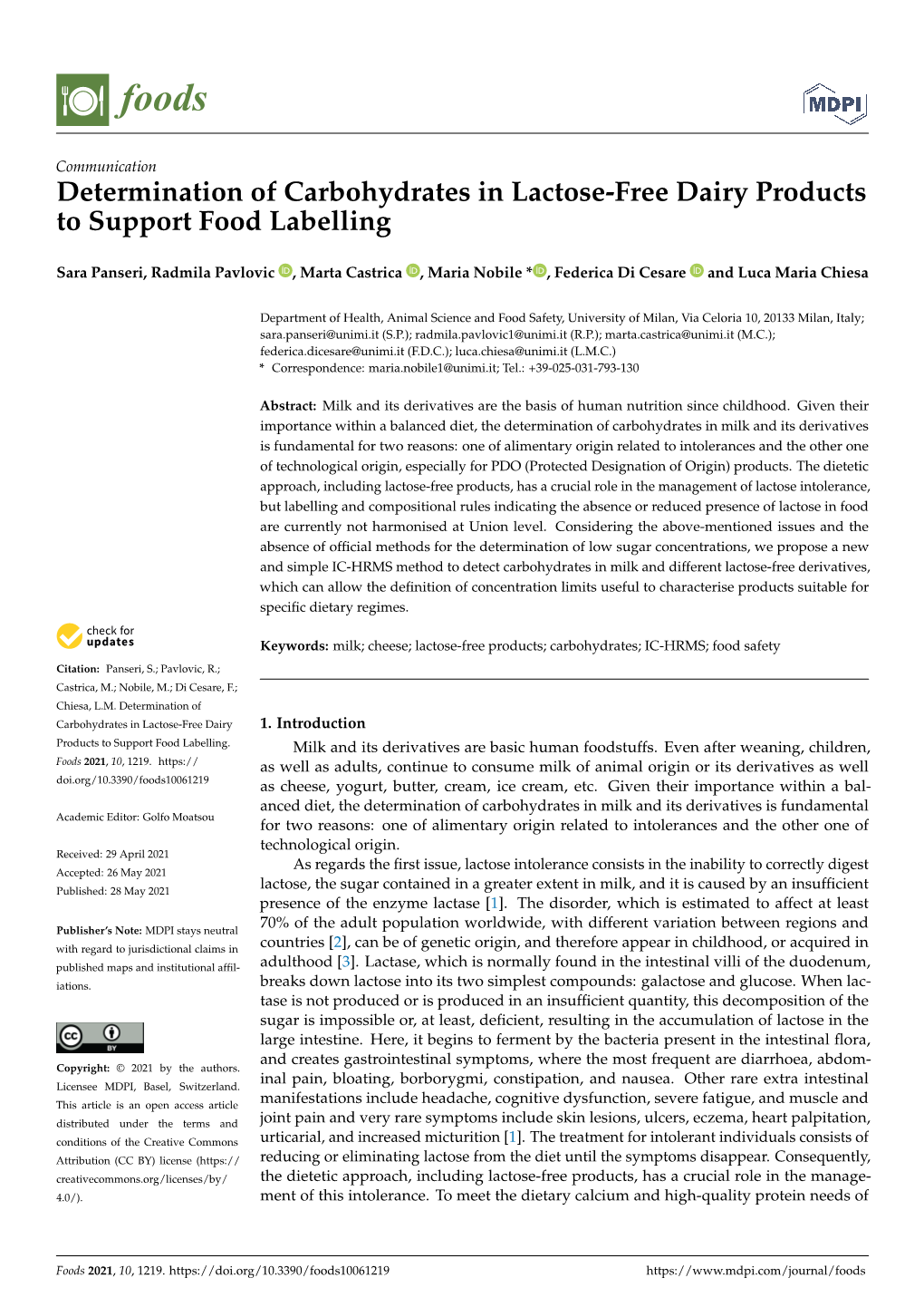 Determination of Carbohydrates in Lactose-Free Dairy Products to Support Food Labelling