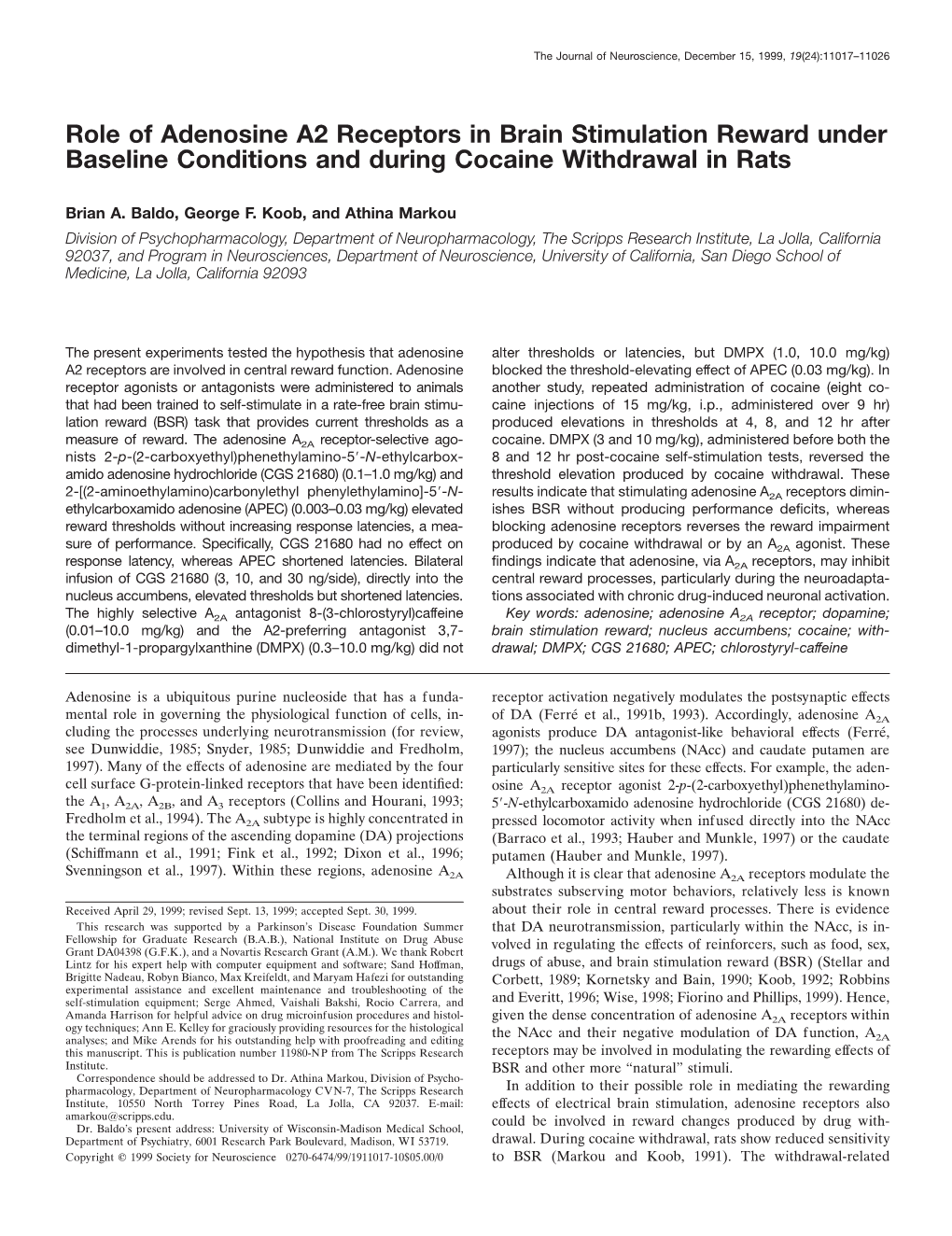 Role of Adenosine A2 Receptors in Brain Stimulation Reward Under Baseline Conditions and During Cocaine Withdrawal in Rats