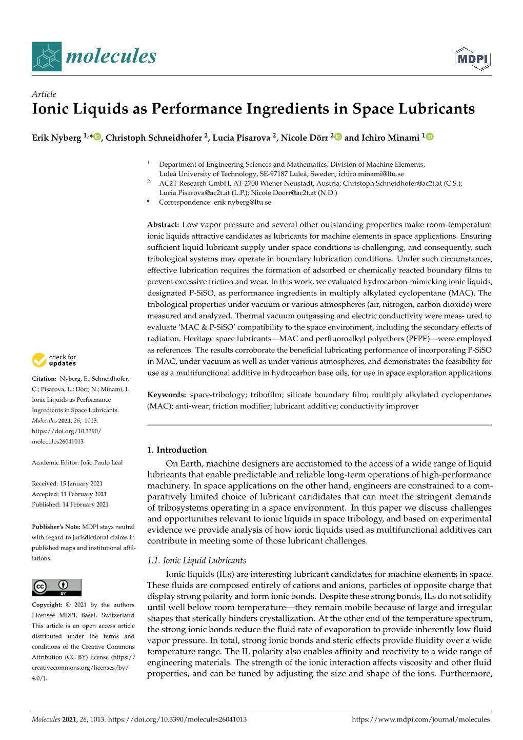 Ionic Liquids As Performance Ingredients in Space Lubricants