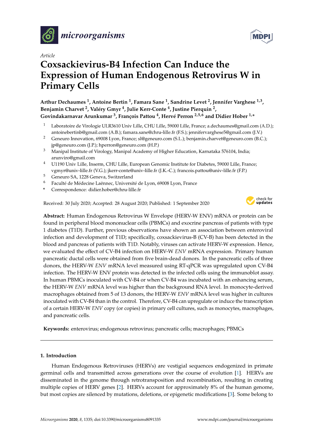 Coxsackievirus-B4 Infection Can Induce the Expression of Human Endogenous Retrovirus W in Primary Cells