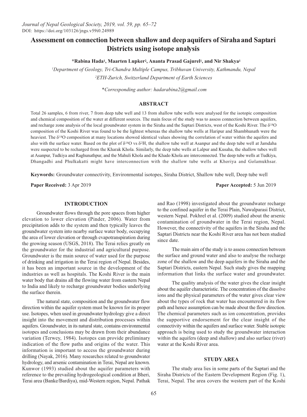 Assessment on Connection Between Shallow and Deep Aquifers of Siraha and Saptari Districts Using Isotope Analysis