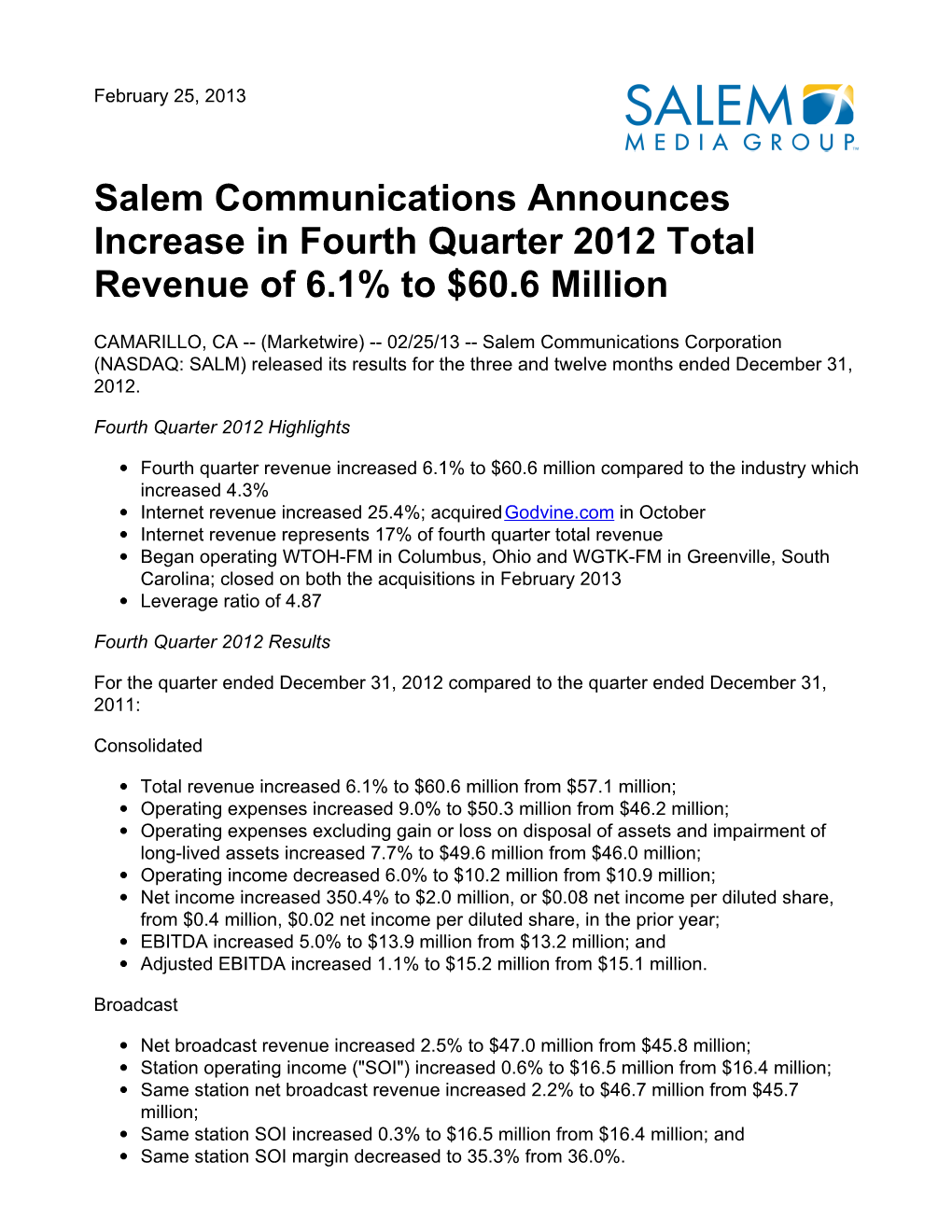 Salem Communications Announces Increase in Fourth Quarter 2012 Total Revenue of 6.1% to $60.6 Million