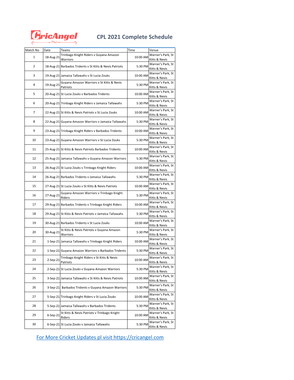 CPL 2021 Complete Schedule