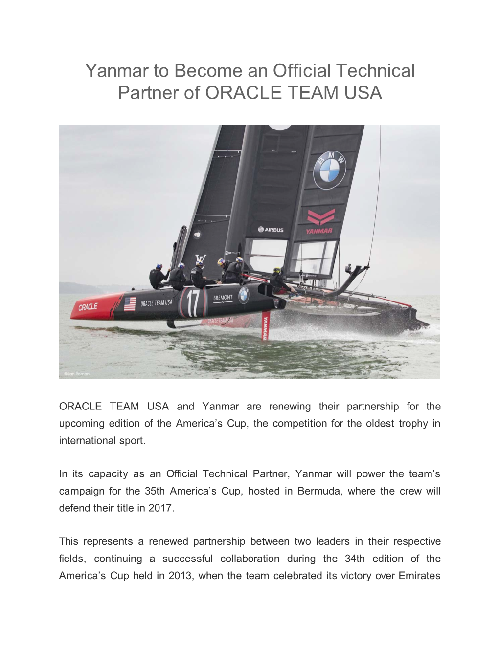 Yanmar to Become an Official Technical Partner of ORACLE TEAM USA