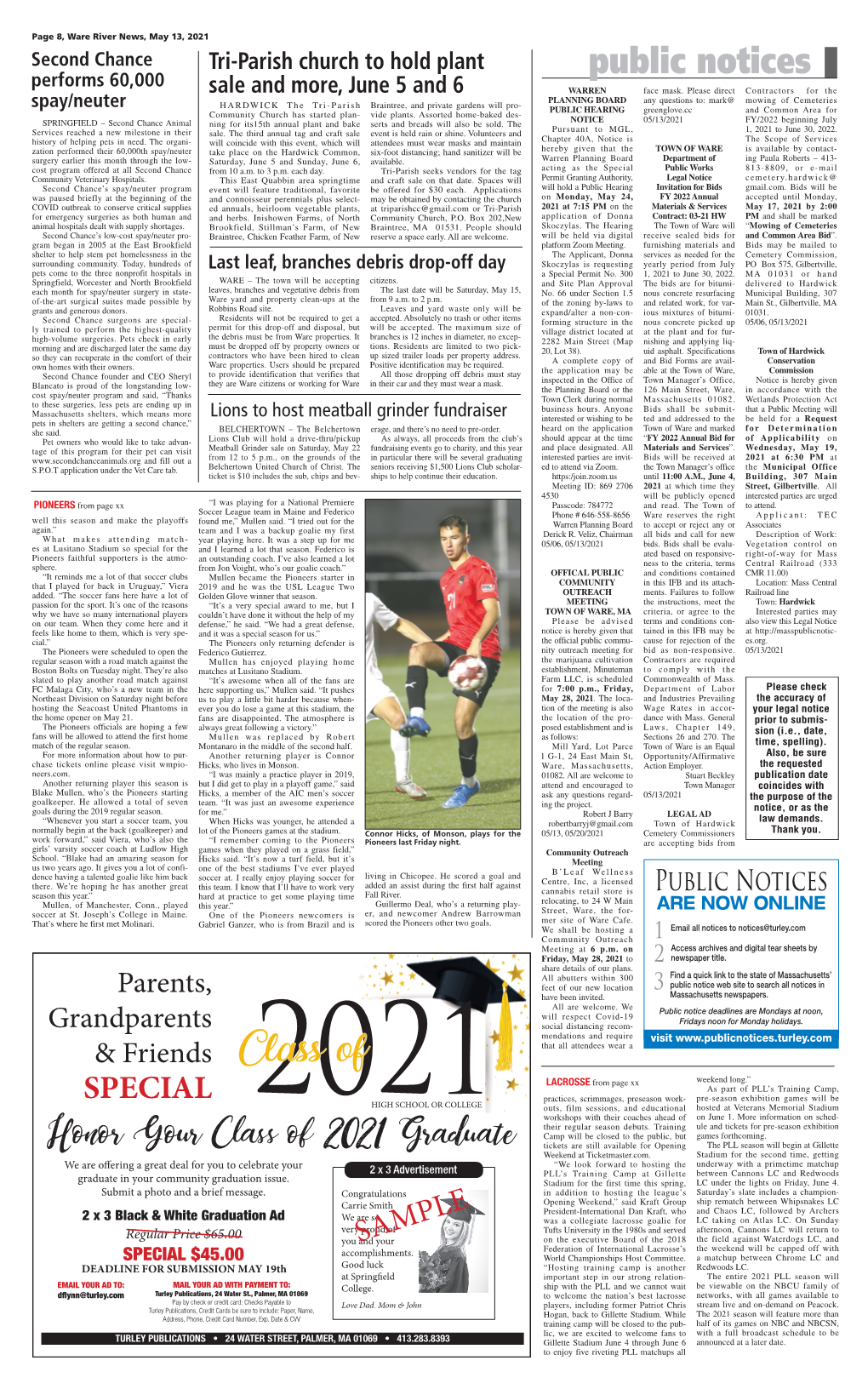 May 13, 2021 Second Chance Tri-Parish Church to Hold Plant Performs 60,000 Public Notices Sale and More, June 5 and 6 WARREN Face Mask