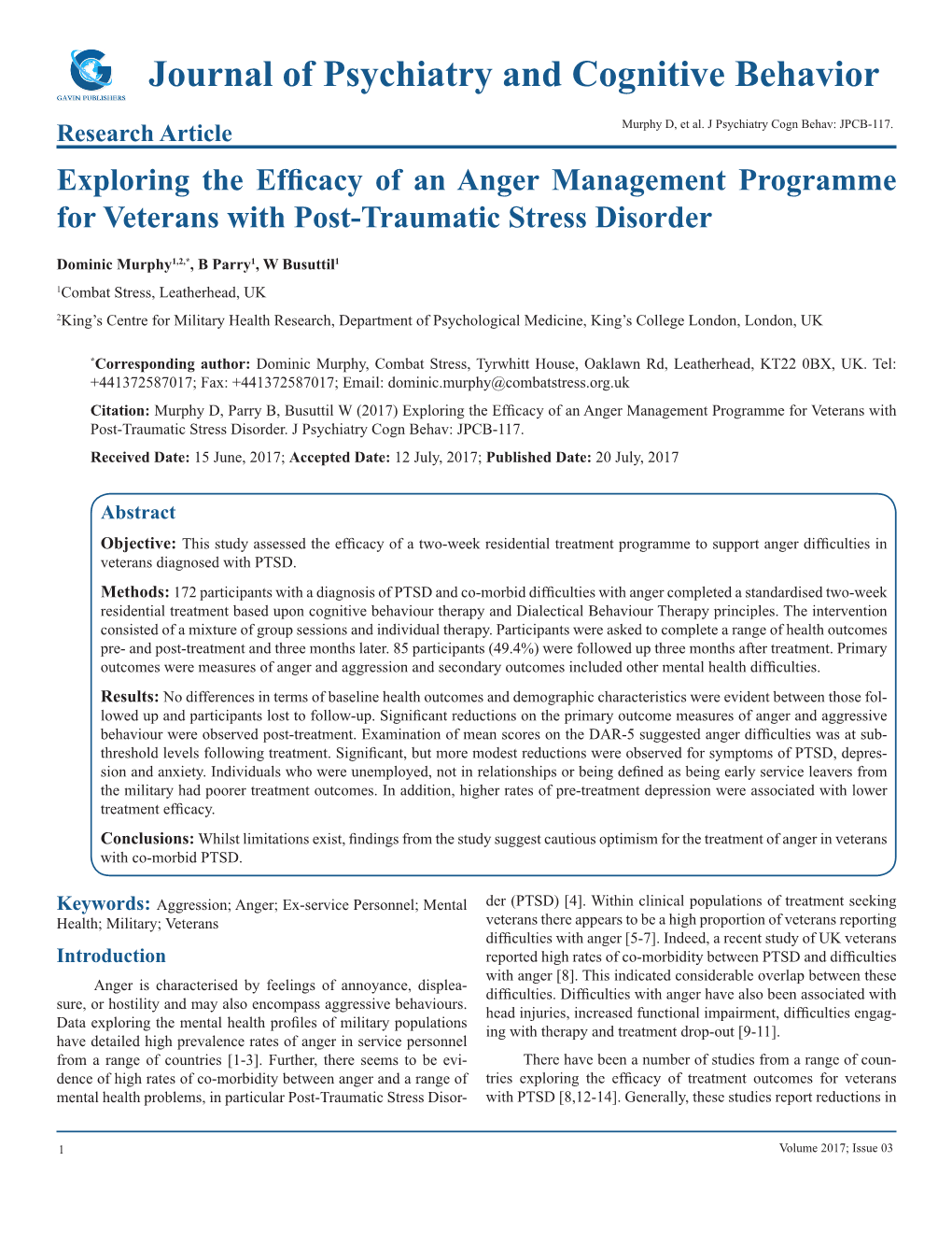 Exploring the Efficacy of an Anger Management Programme for Veterans with Post-Traumatic Stress Disorder