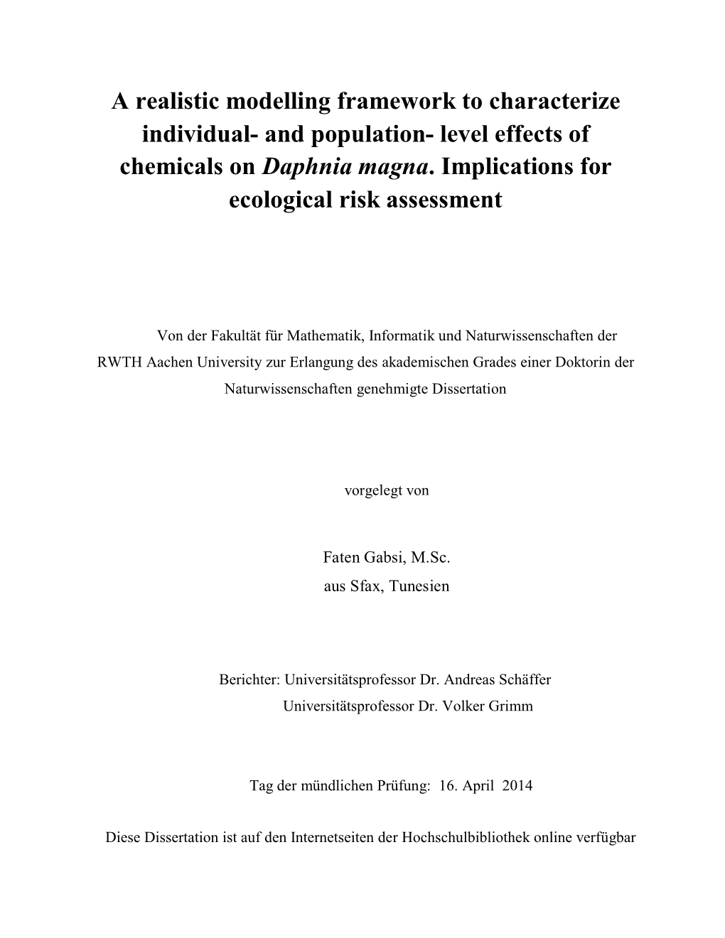 Level Effects of Chemicals on Daphnia Magna. Implications for Ecological Risk Assessment