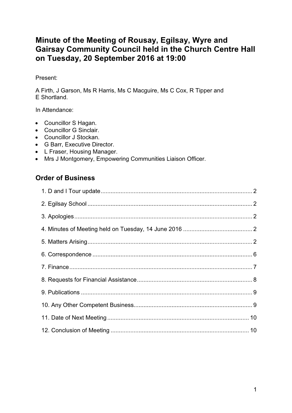 Rousay, Egilsay and Wyre Community Council Meeting Minutes