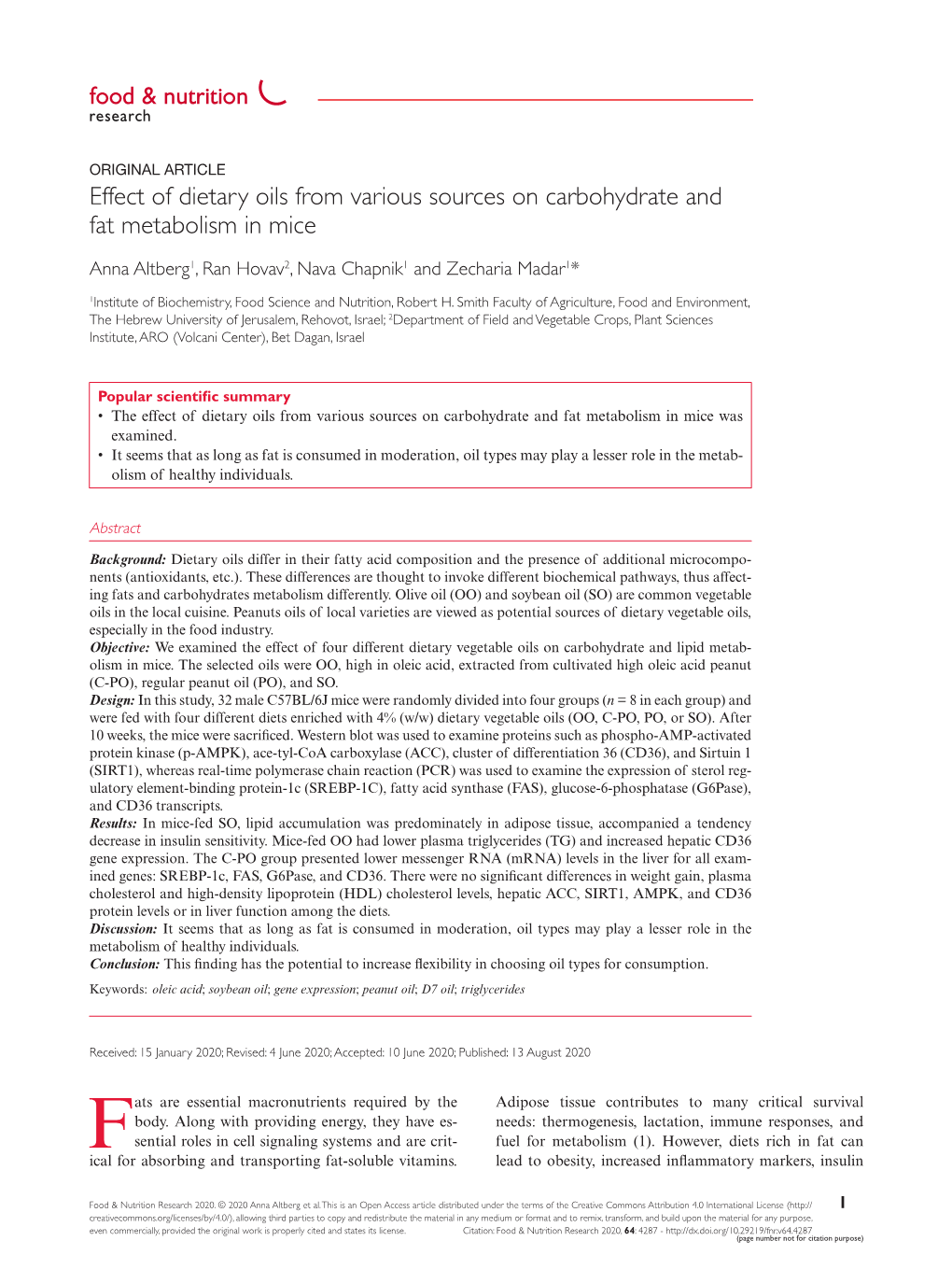 Effect of Dietary Oils from Various Sources on Carbohydrate and Fat Metabolism in Mice