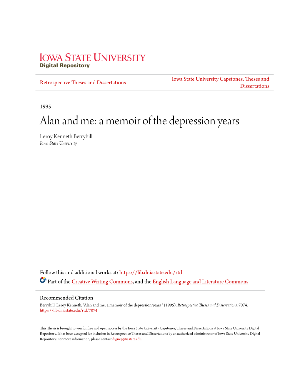 A Memoir of the Depression Years Leroy Kenneth Berryhill Iowa State University