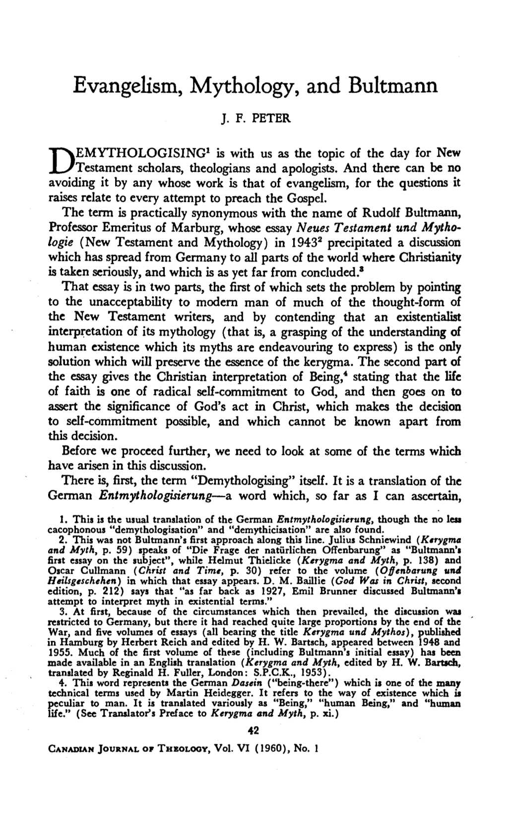 J.F. Peter, "Evangelism, Mythology, and Bultmann," Canadian Journal of Theology 6.1 (Jan. 1960): 42-52