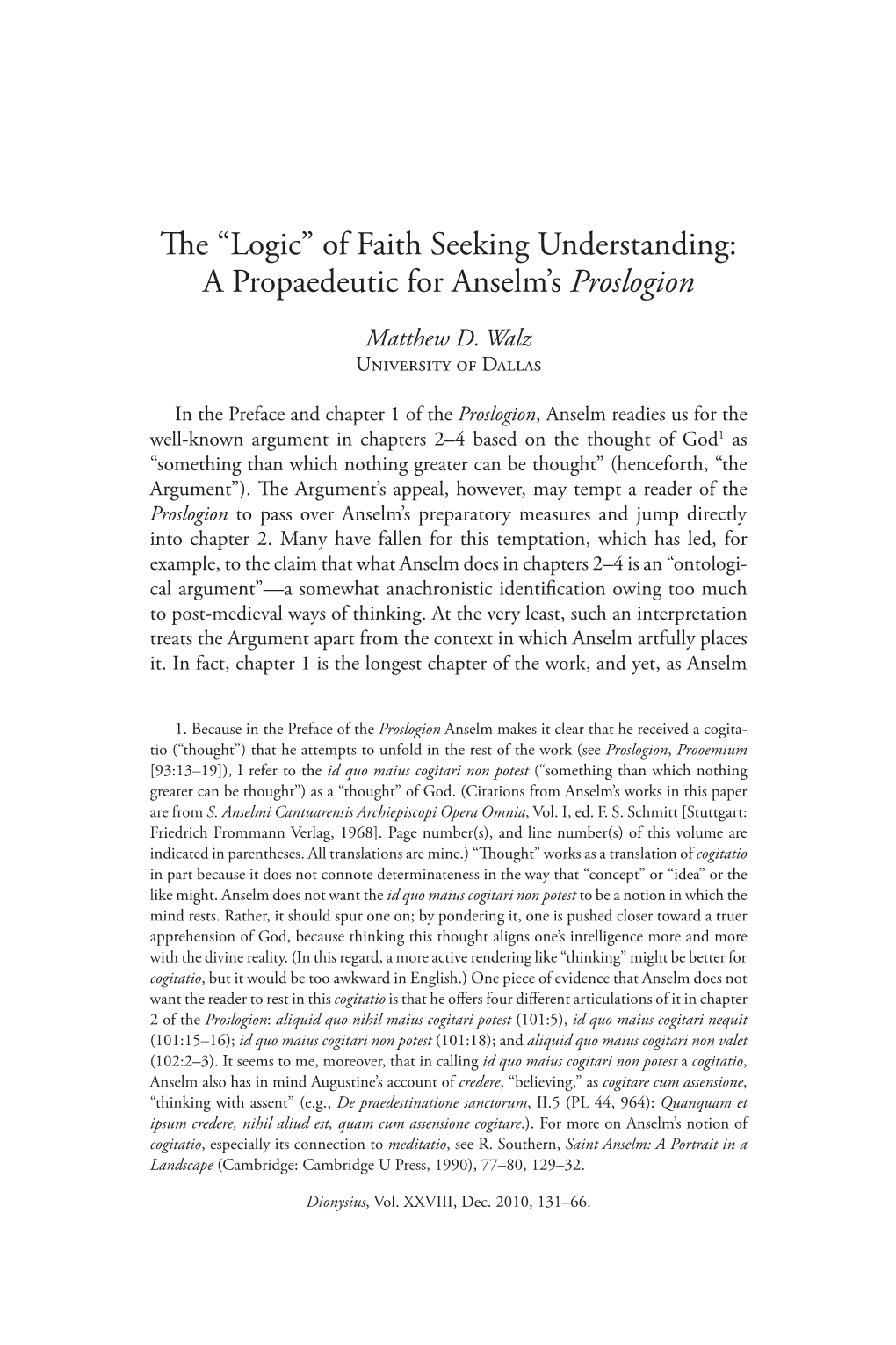 Of Faith Seeking Understanding: a Propaedeutic for Anselm's Proslogion